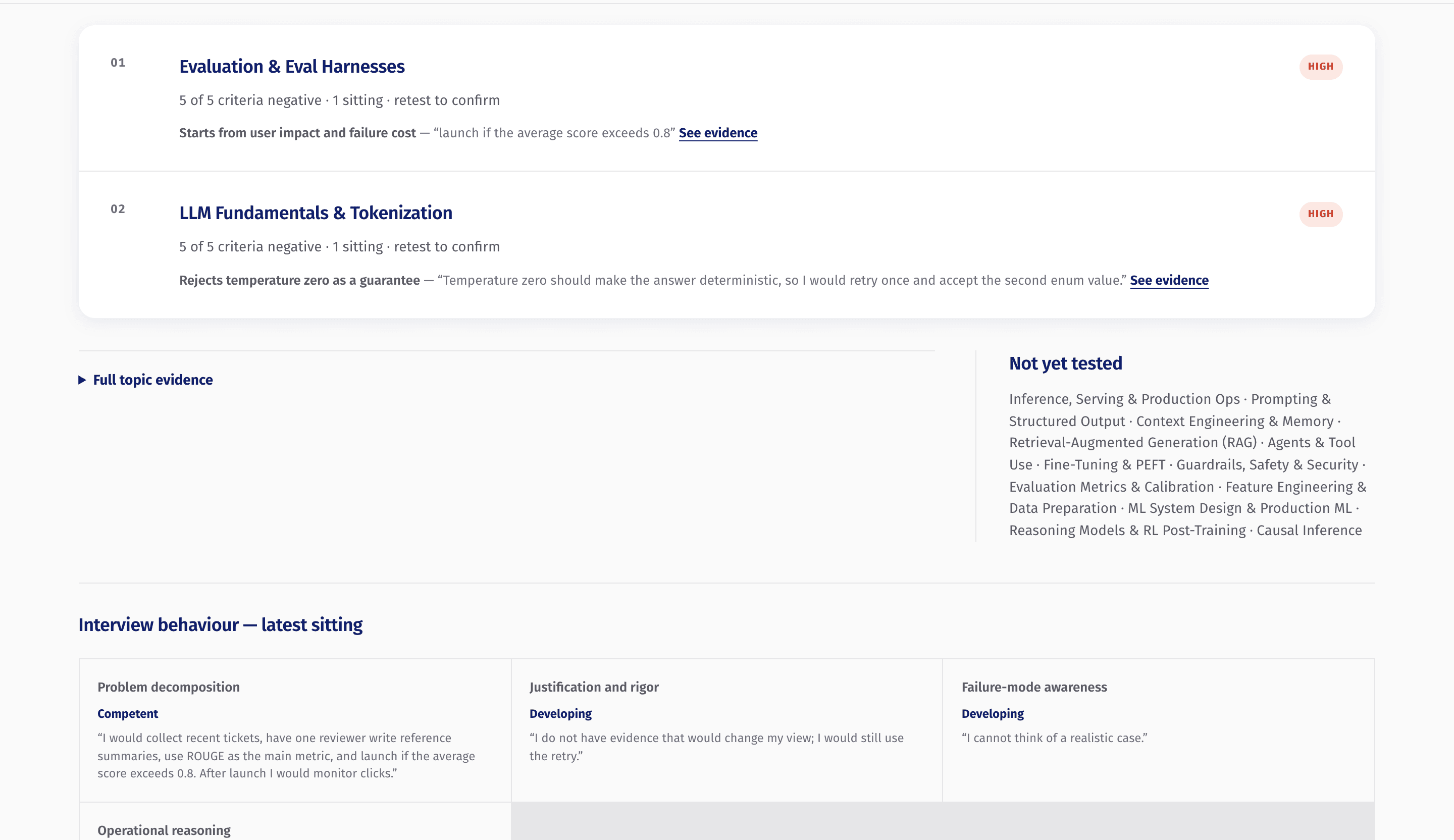 Zvsquared diagnostic report showing ranked interview risks and supporting evidence