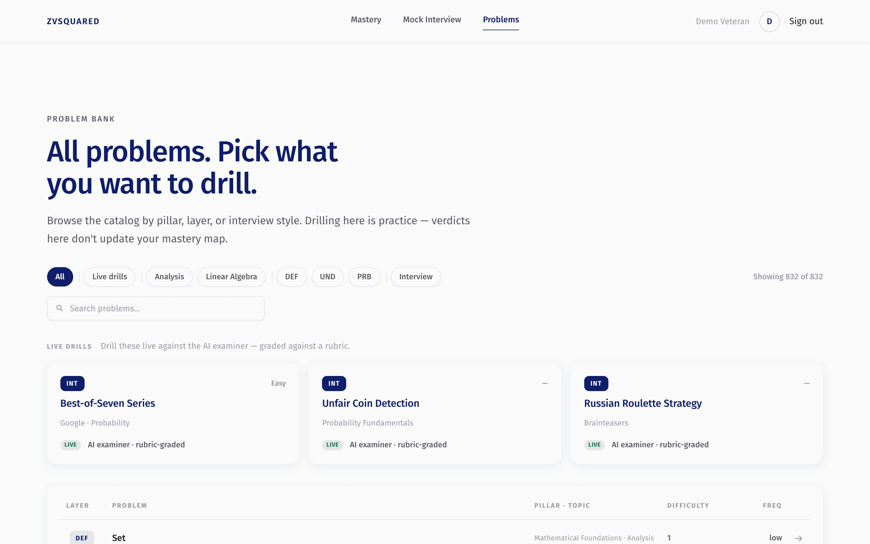 The problem bank: hundreds of problems filterable by pillar, layer and interview style, each runnable live against the AI examiner.