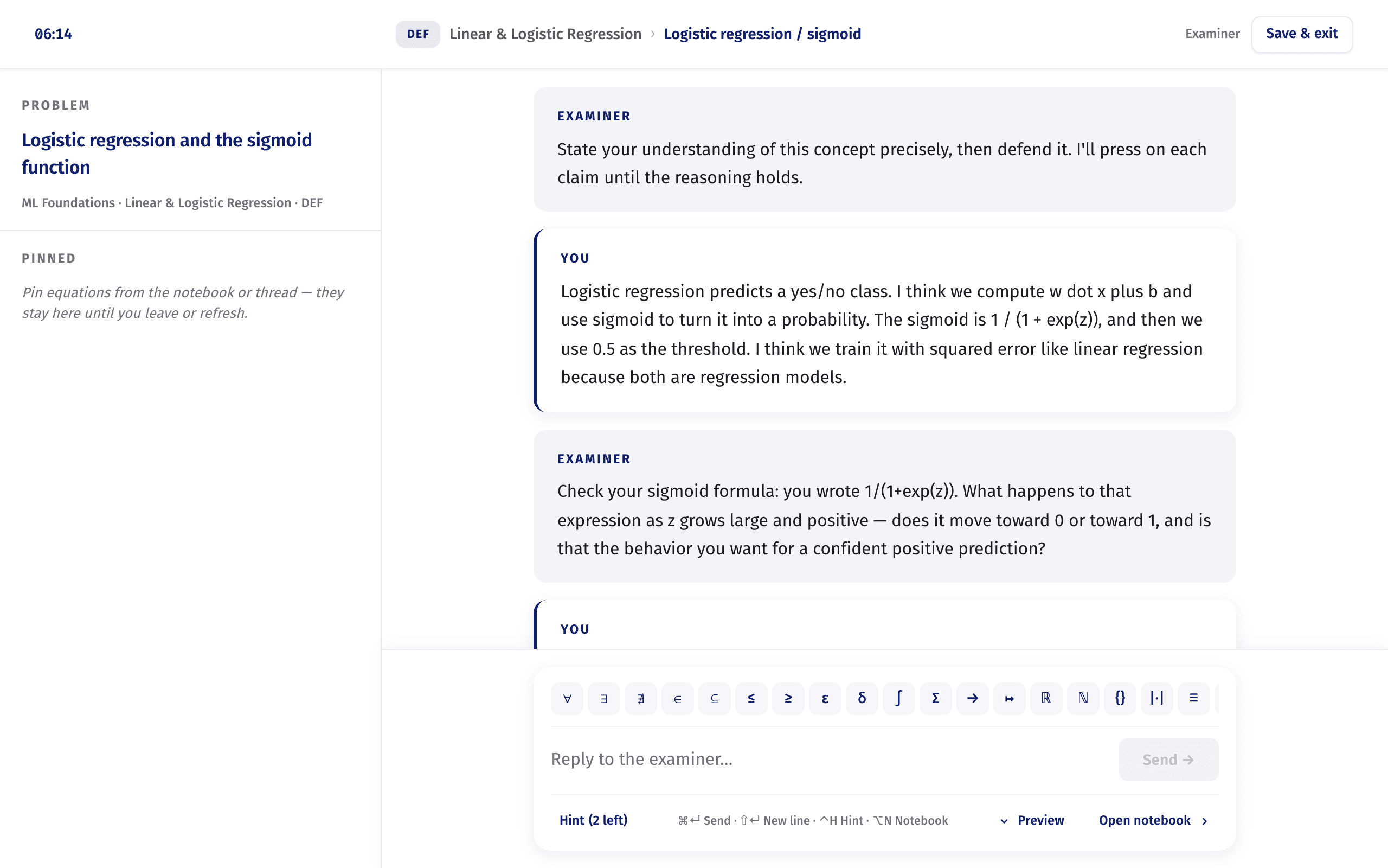 Classical ML practice with the problem, a learner’s imperfect answer, and the examiner’s follow-up