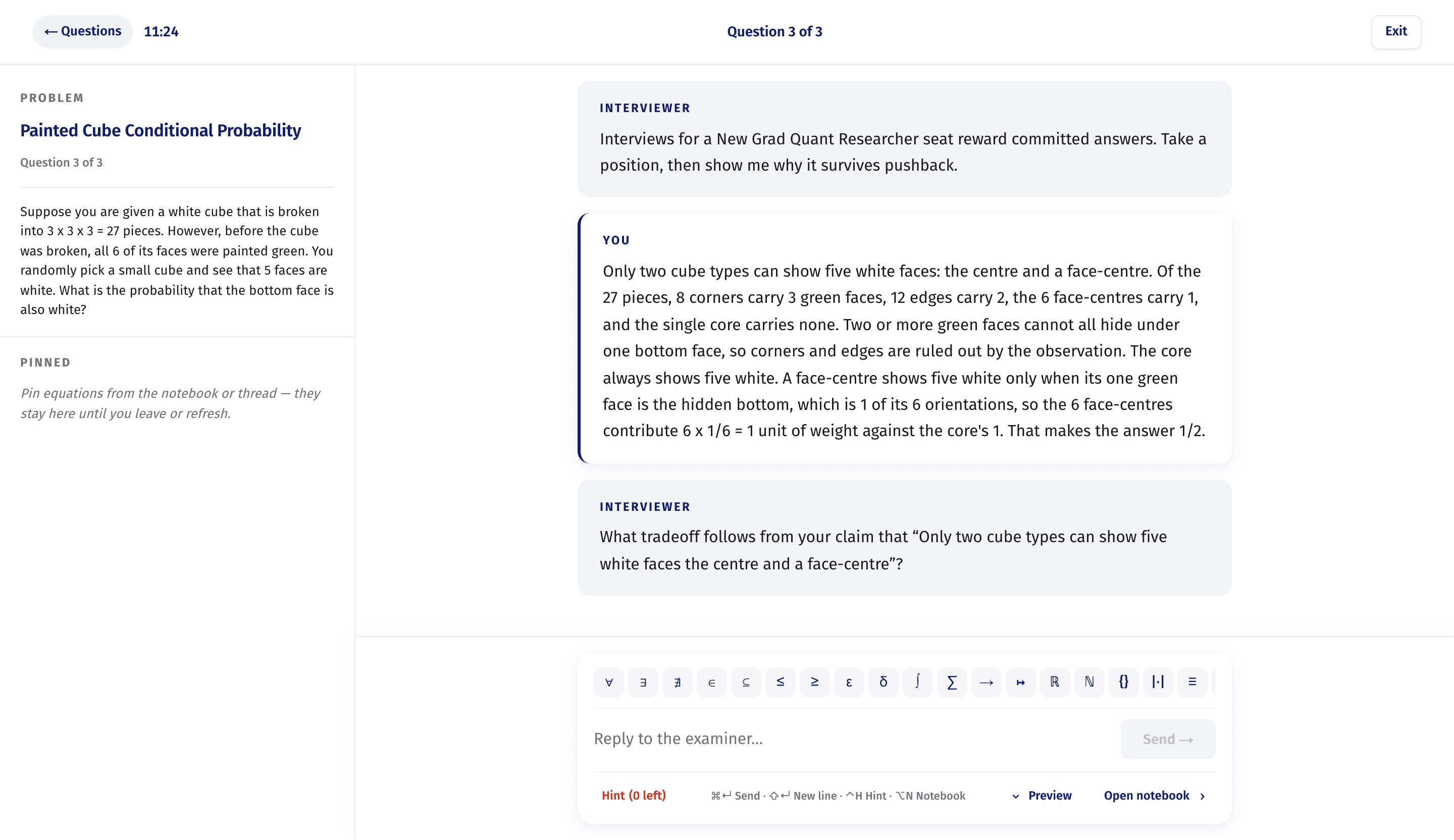 Zvsquared mock interview in progress: the problem statement, the candidate's answer, and the examiner pressing that answer's own claim, with the sitting clock running